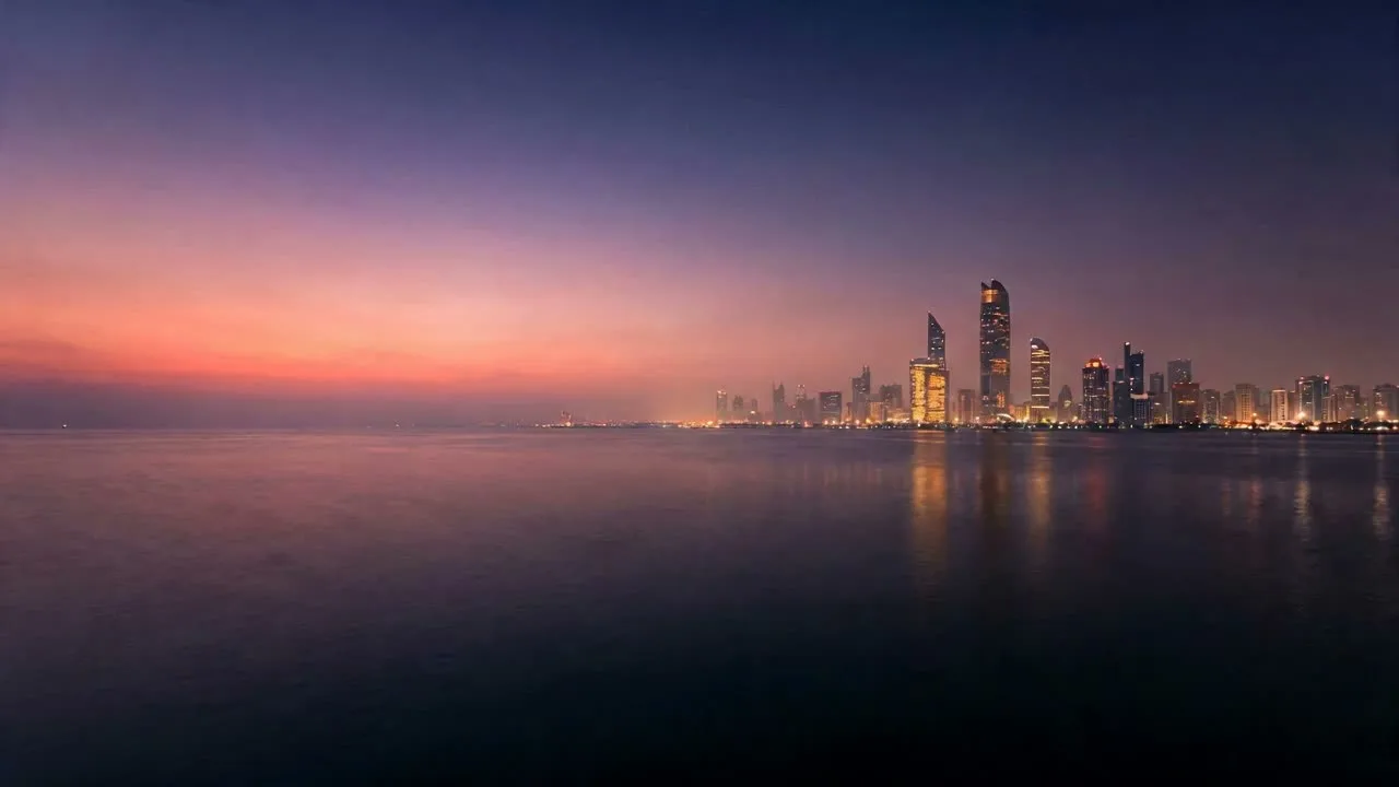 Vice City skyline across the water at dusk
