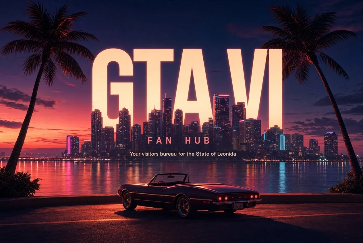 GTA VI Fan Hub poster: the Vice City skyline at dusk framed by palms, a vintage convertible parked on the causeway